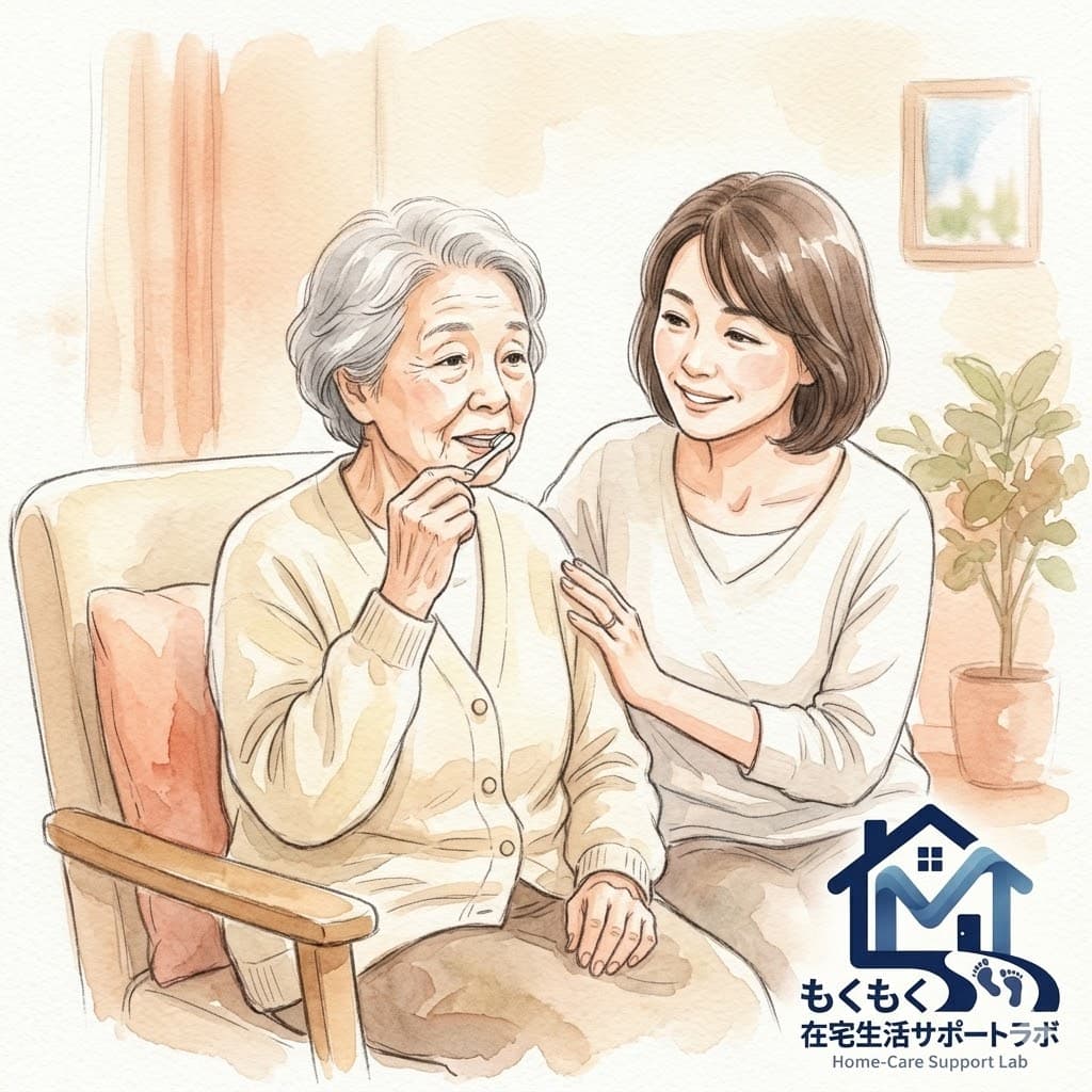 口腔ケアを嫌がる高齢者を穏やかに見守る家族のイラスト