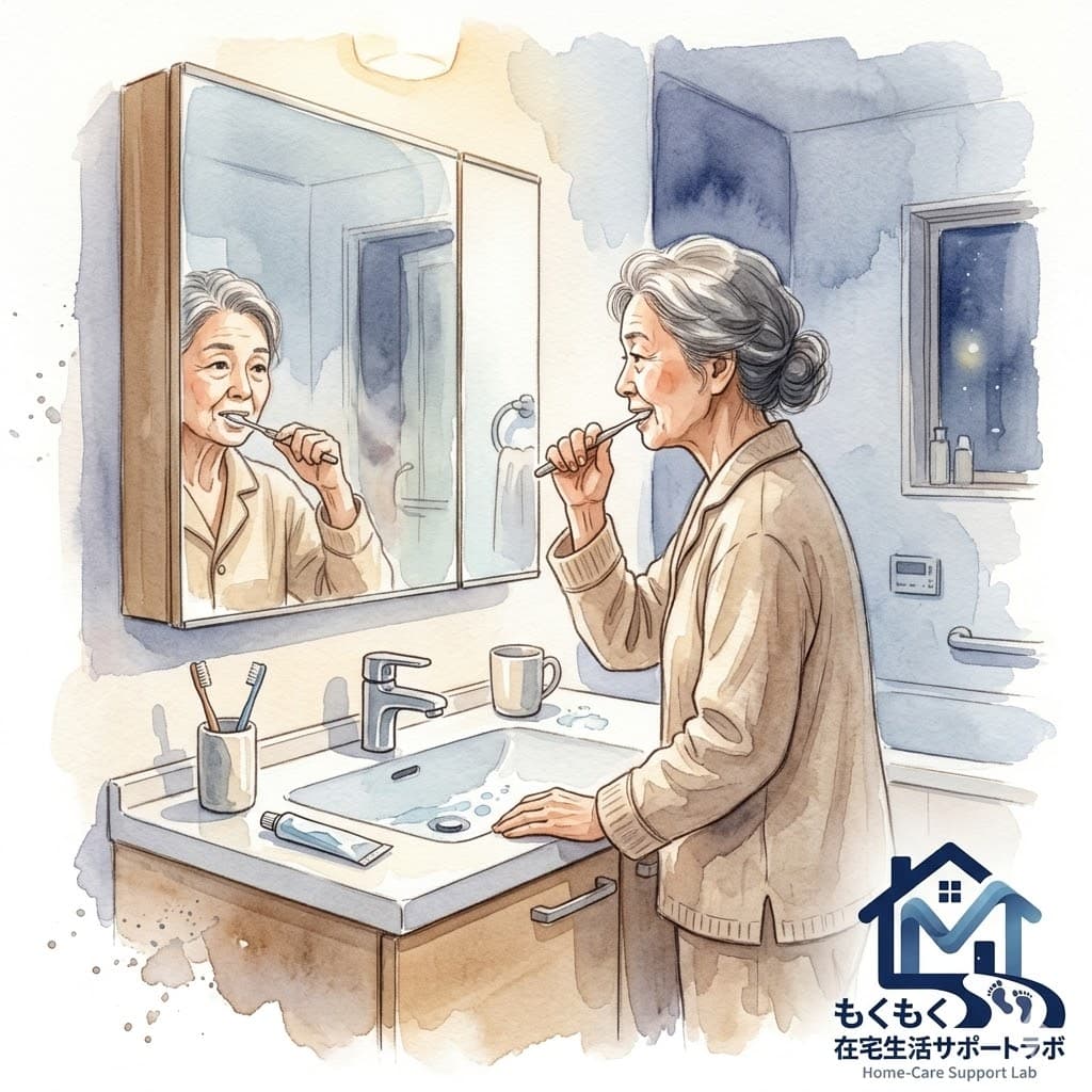 就寝前に歯磨きをする高齢者のイラスト