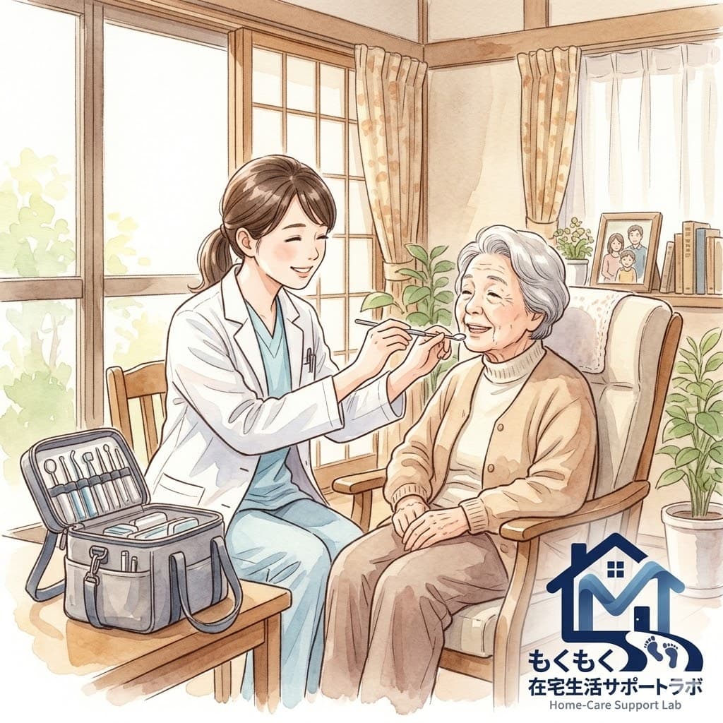 訪問歯科の歯科衛生士が自宅で高齢者の口腔ケアをしているイラスト