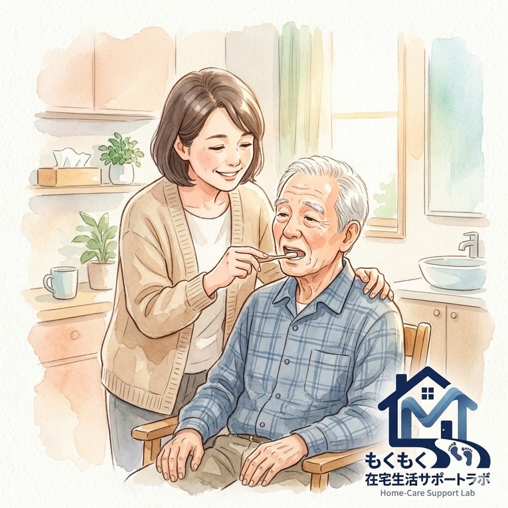家族が高齢者の歯磨き介助をしているイラスト