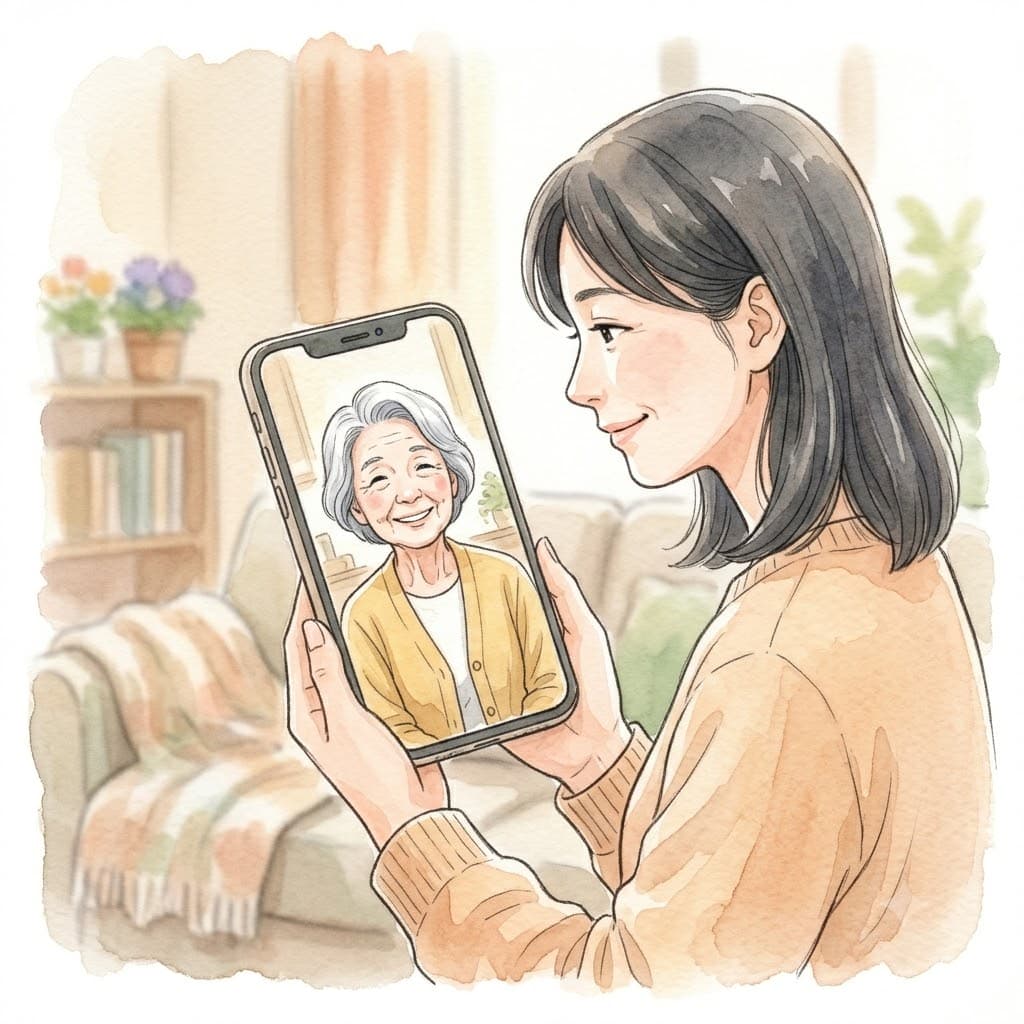 娘がスマートフォンのビデオ通話で、離れて暮らす高齢の母の顔を見て見守る様子