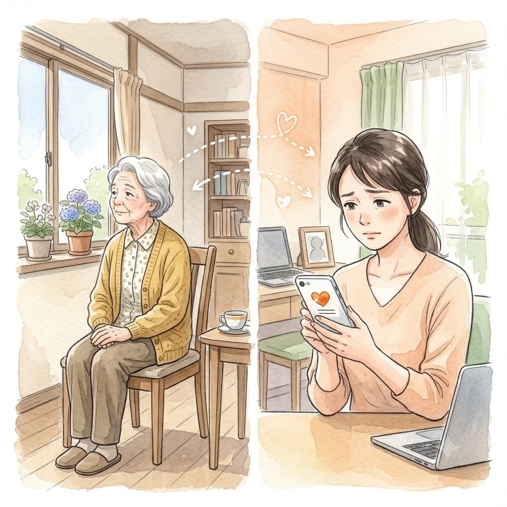 自宅で一人静かに過ごす高齢の母親と、離れた場所からスマートフォンで見守り気づかう娘
