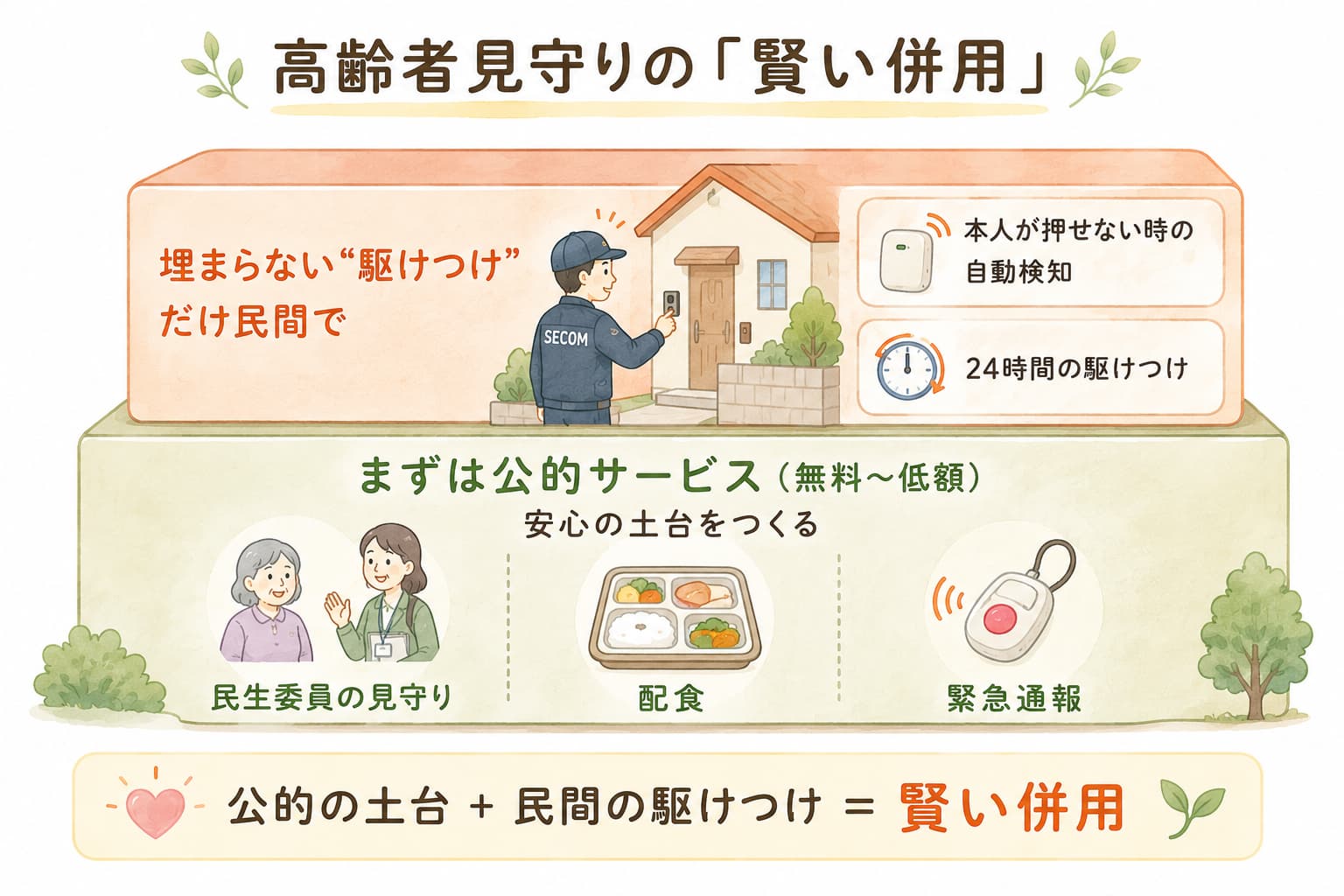公的サービスを土台に、埋まらない「駆けつけ」だけを民間で補う賢い併用を示した図