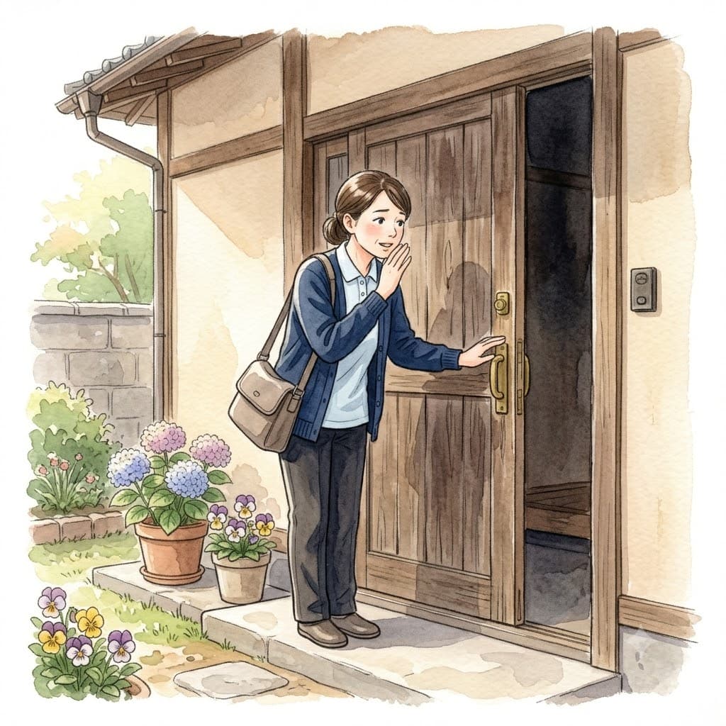 訪問の専門職が高齢者宅の玄関先で安否を気づかい声をかける様子