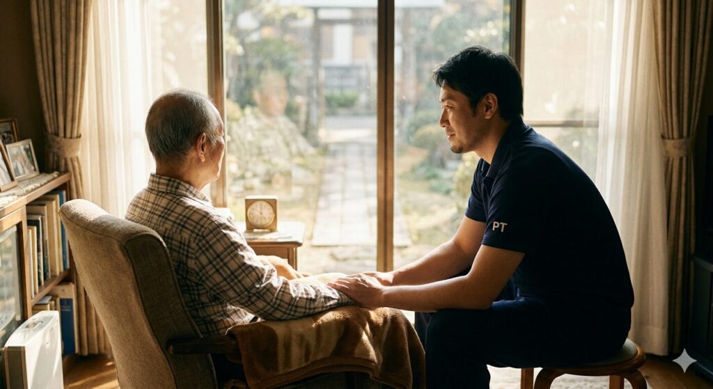 窓から差し込む柔らかな光の中で、高齢者の背中に寄り添い、静かに話を聞く訪問理学療法士。時間の有限性と在宅生活の尊さを表現したシーン。