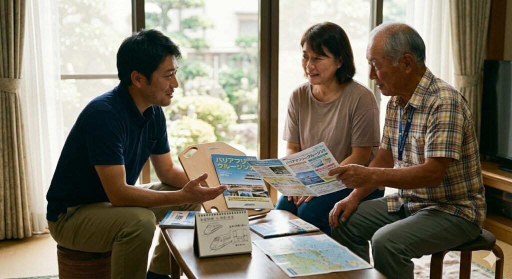 リビングのテーブルを囲み、バリアフリー旅行のパンフレットや移乗用補助具を前に具体策を練る理学療法士と家族。不安を安心に変える専門職との相談風景。