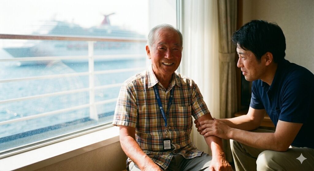 豪華客船の客室で、腕を真っ赤に日焼けさせて最高に輝く笑顔を見せる高齢男性。その腕に優しく手を添える理学療法士。生命力と旅の成功を物語る一枚。