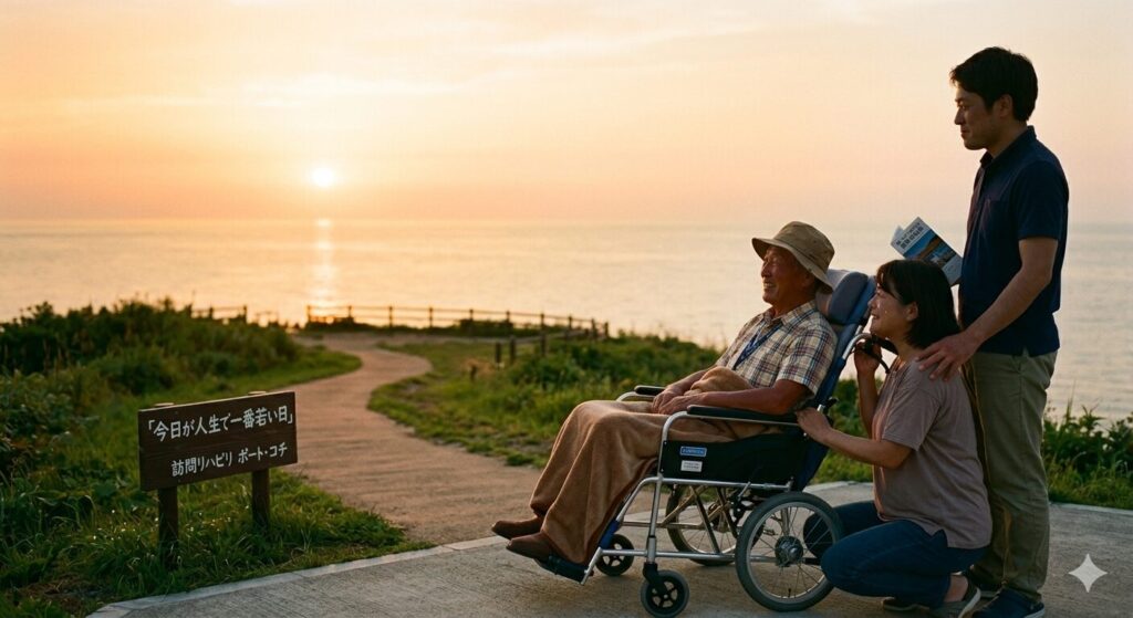 美しい夕日を背に、海沿いの道を散歩する車椅子の高齢者と家族、そして理学療法士。「今日が人生で一番若い日」という言葉を象徴する、穏やかで希望に満ちた終幕。