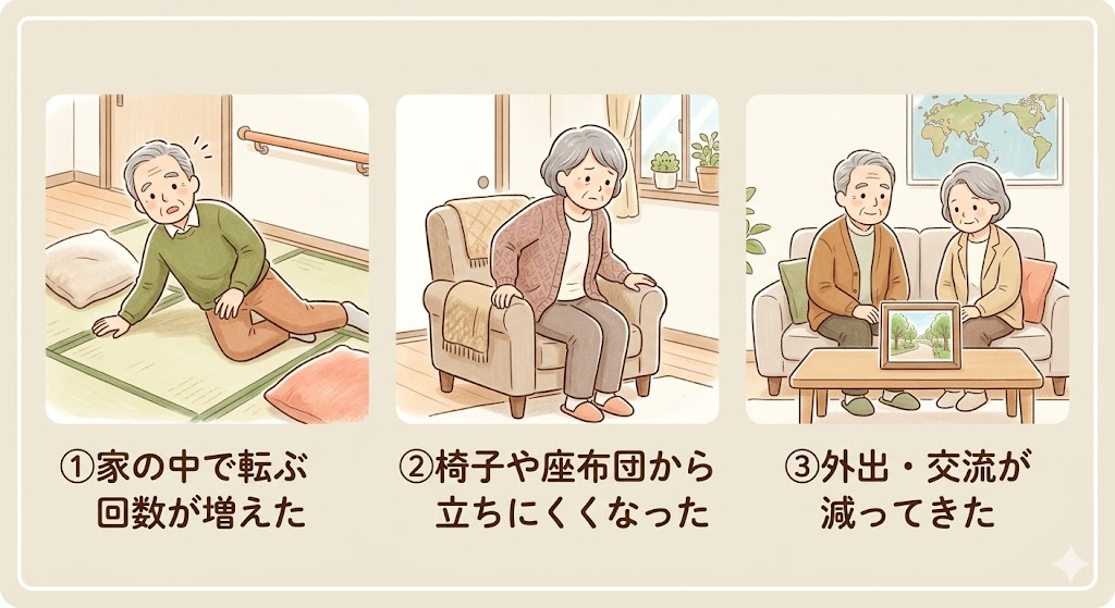 高齢者の歩行変化に気づく家族のイラスト