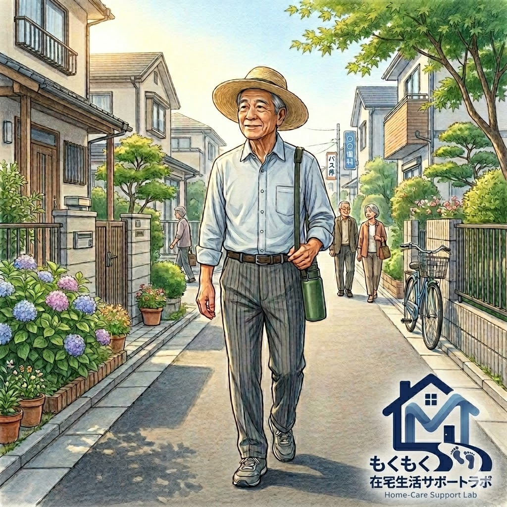 高齢者の散歩の時間・距離・歩数の目安を示すイメージ