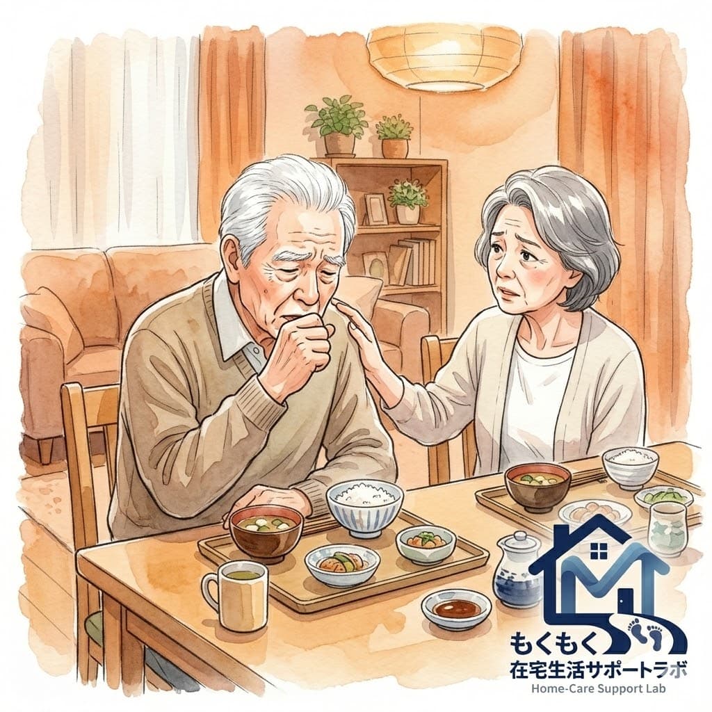 食事中にむせる高齢男性と心配そうに見守る家族のイラスト