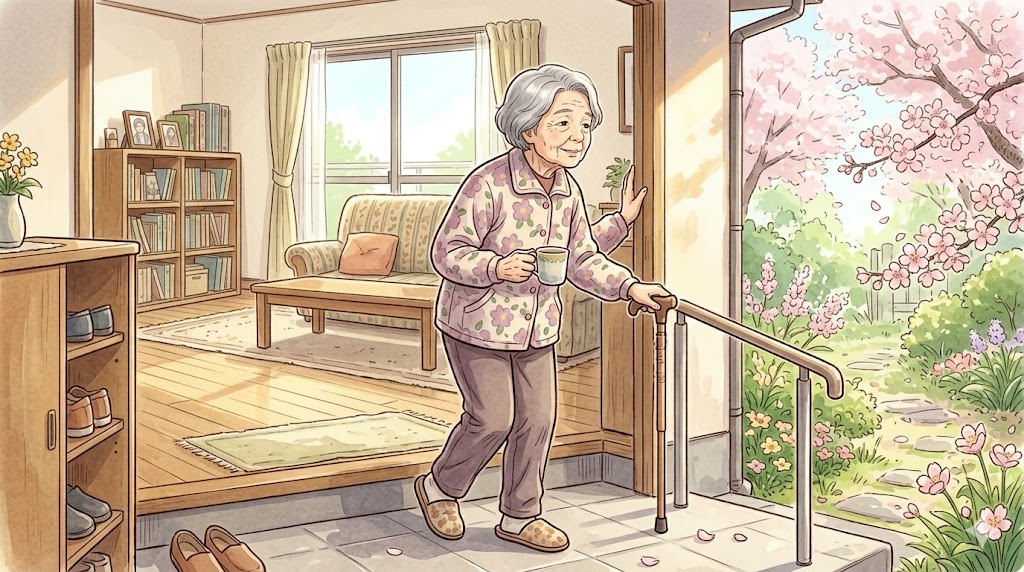 桜が咲く庭を眺めるために、杖をつきながら玄関へと歩む高齢女性のイラスト。室内には手すりが設置されており、女性は片手にマグカップを持っています。温かい水彩画のような優しいタッチの描写です。