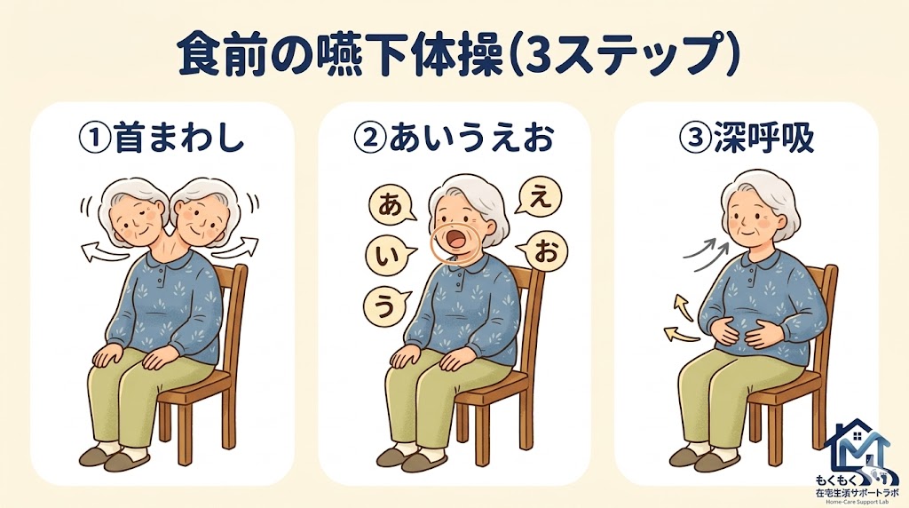 高齢者が椅子に座って食前の嚥下体操をしているイラスト