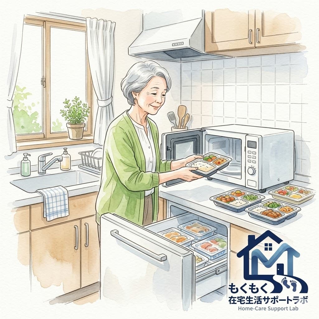 高齢女性が冷凍弁当を電子レンジで温めるイラスト|健康直球便の使い方イメージ