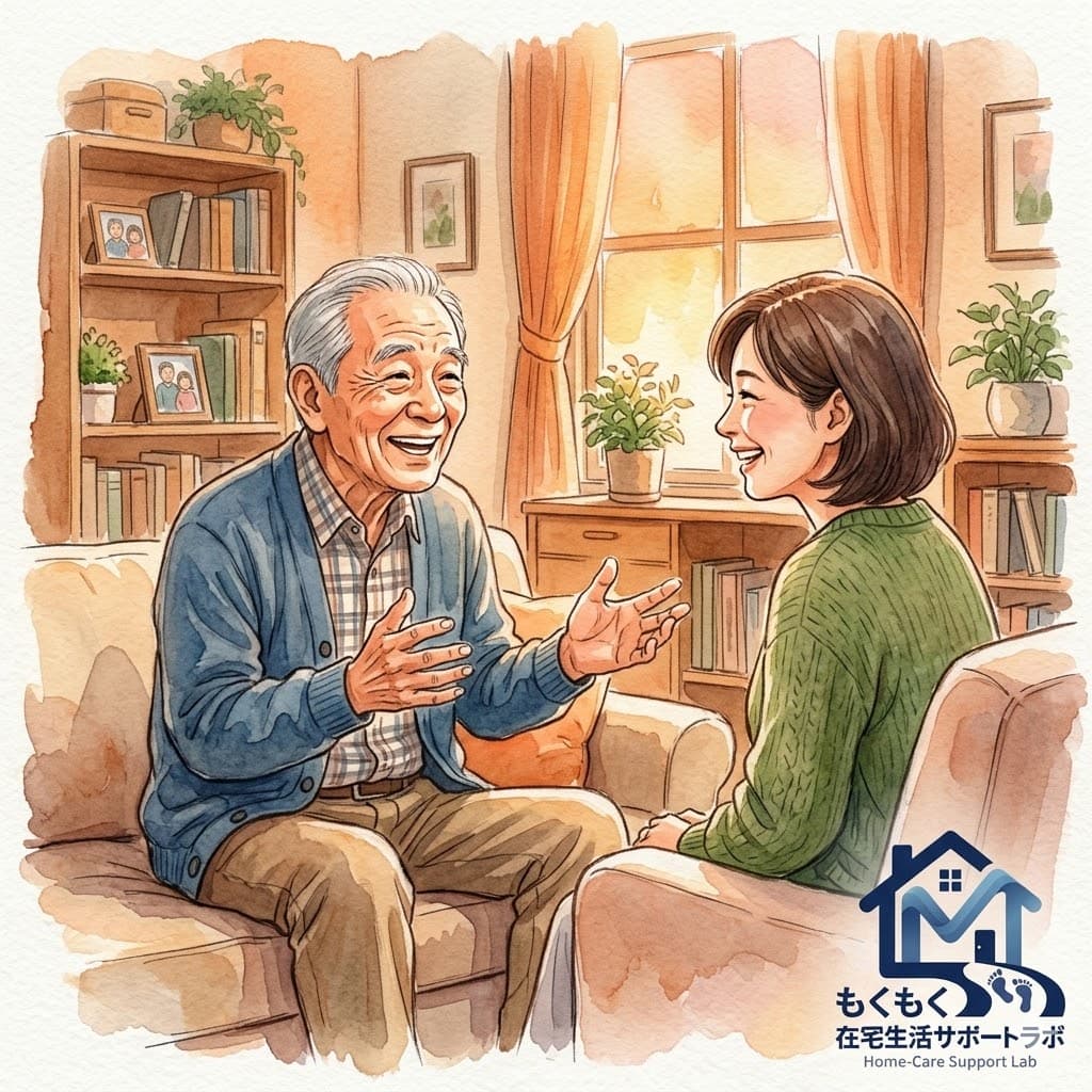 デイサービスに通って生き生きする高齢者のイラスト