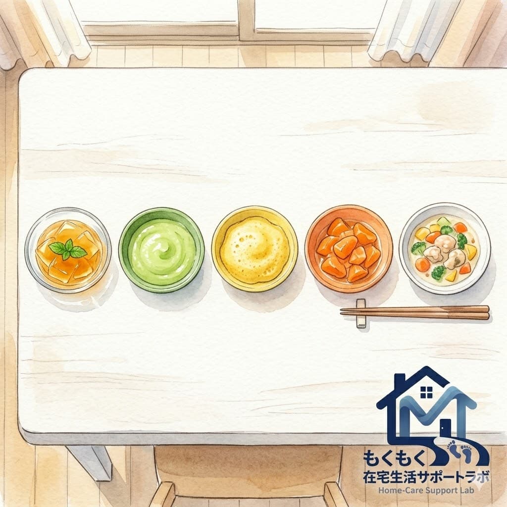 嚥下調整食コード0〜4の食形態を示す5種類の食事イラスト