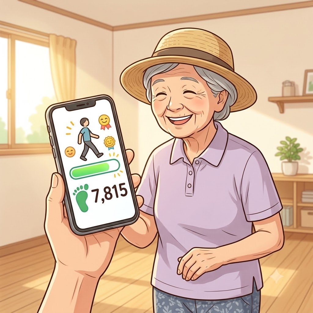 万歩計・活動量計で歩数を確認する高齢者の手元
