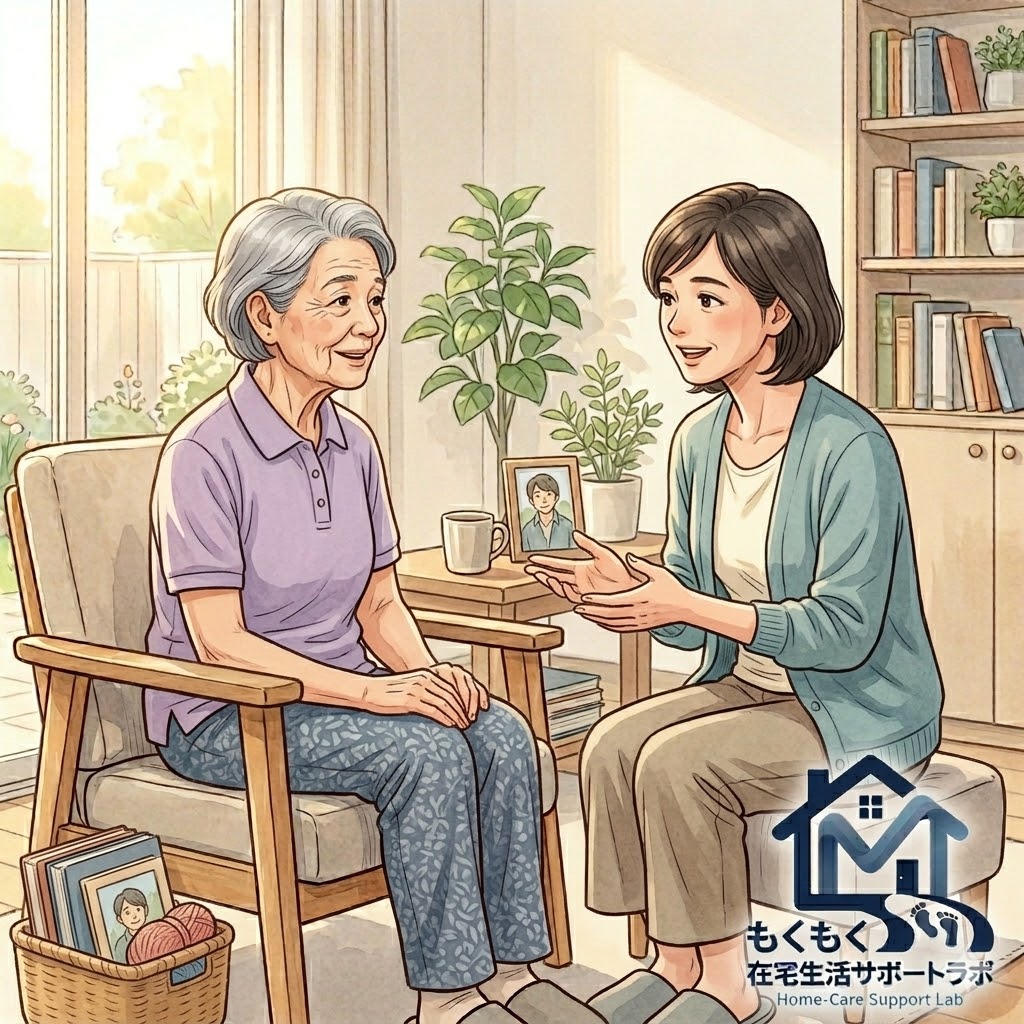帰省して高齢の親の様子を観察する家族