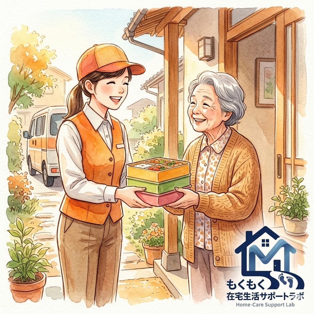 配達員が高齢女性に弁当を手渡しするイラスト|毎日配達タイプで安否確認するイメージ