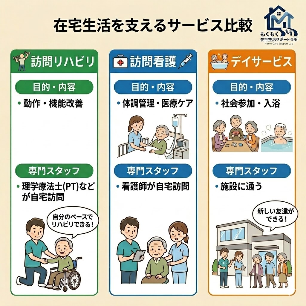 訪問リハビリ・訪問看護・デイサービスそれぞれの目的の違いを示したイラスト図解
