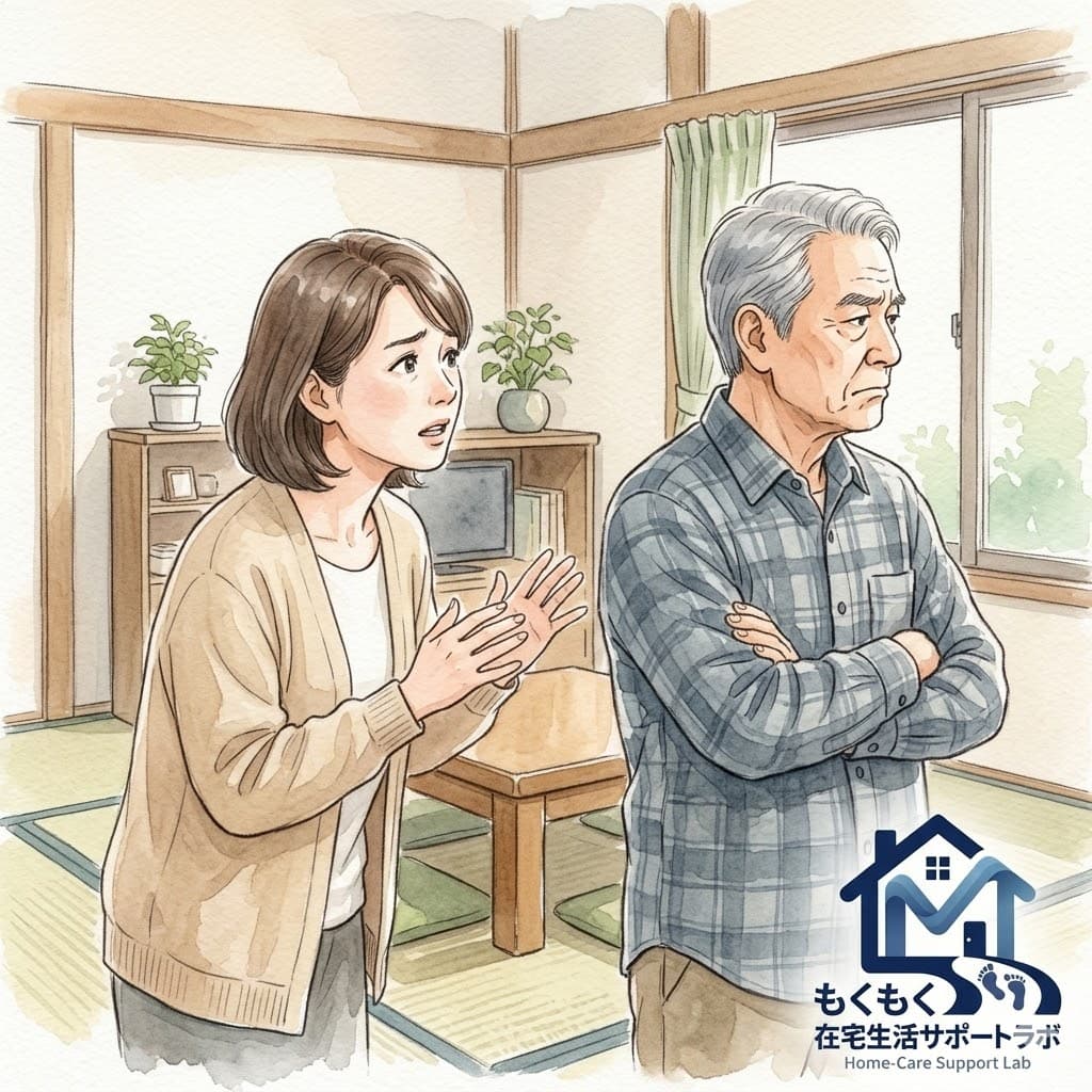 デイサービスの話に感情的になる家族のイラスト