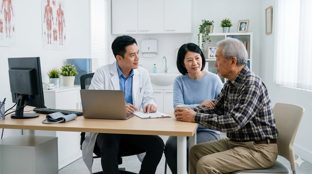 家族が医師の診察に同席し、メモを渡している場面