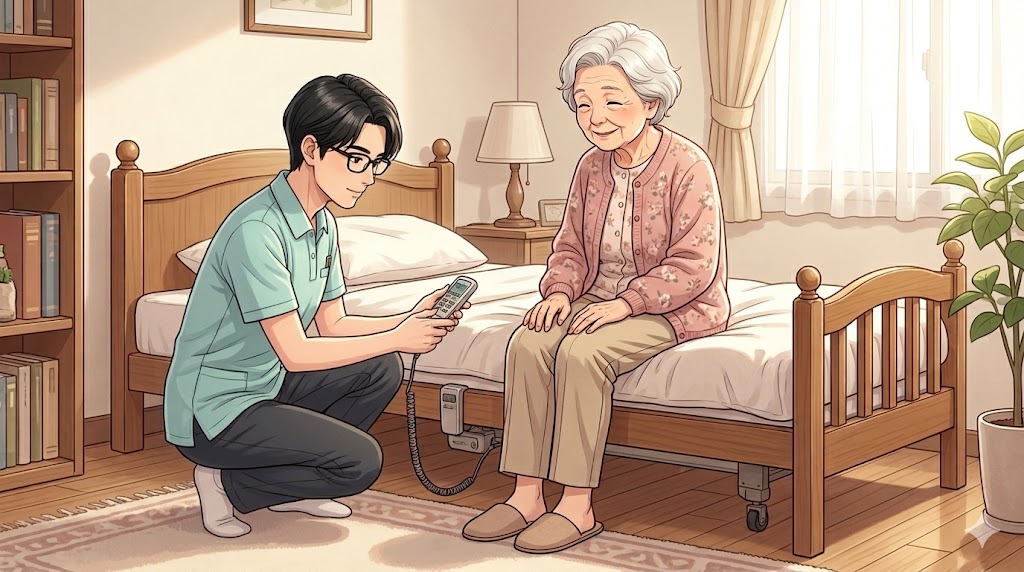 介護ベッドの高さ調整をしている様子。適切な高さに設定することで立ち上がりが格段に楽になる。