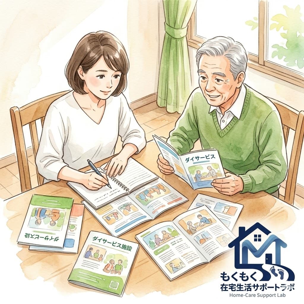 自分でデイサービスのプログラムを選ぶ高齢者のイラスト