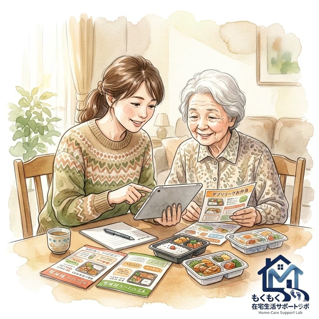 娘と母が宅配弁当を一緒に選ぶイラスト|家族で宅配弁当を検討する場面