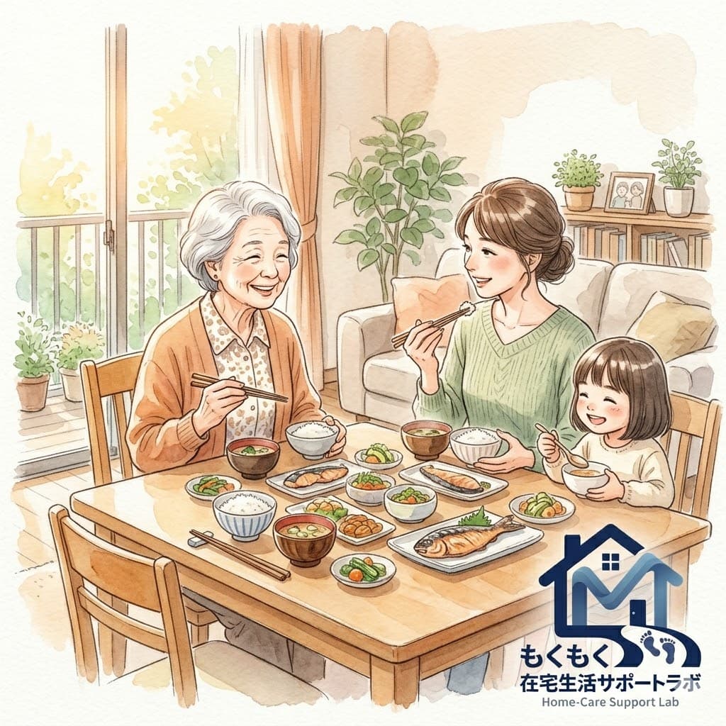 家族3世代が同じ食卓で笑顔で食事をしているイラスト