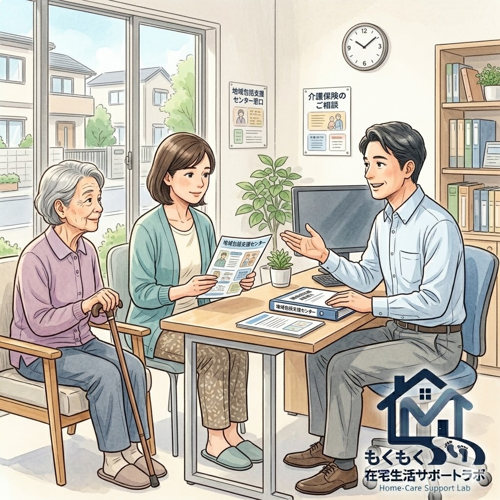 介護保険申請の書類を確認する家族