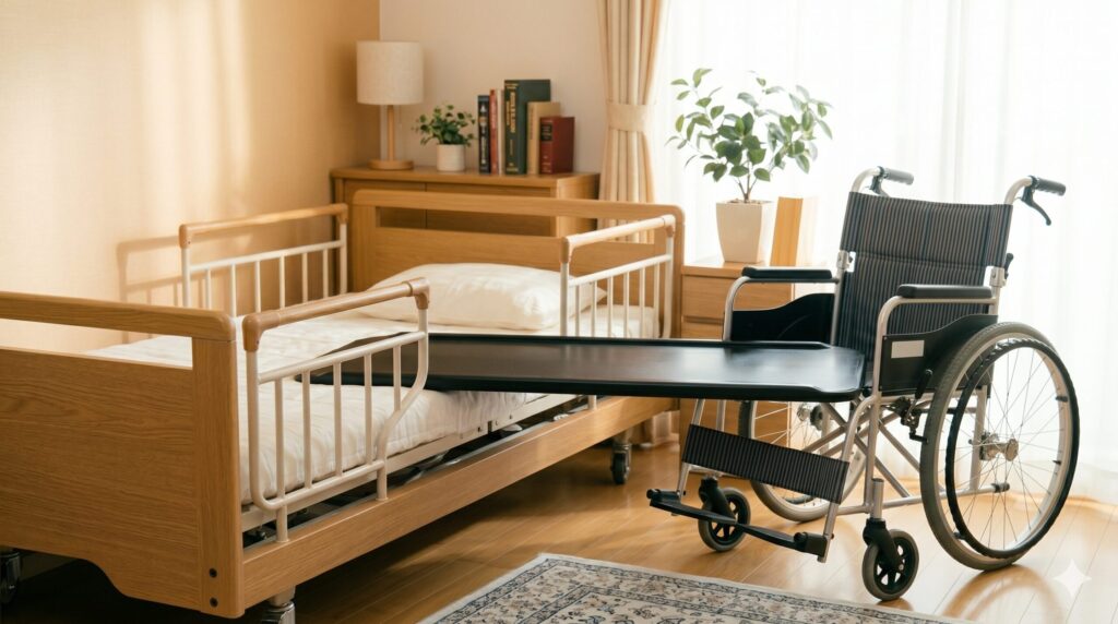 自然光が入る明るく清潔な在宅介護の部屋。木製の介護用ベッドと車椅子が並んで置かれ、その間を黒いスライディングボードが橋渡ししている。人物はおらず、移乗介助用の道具のみが配置されたリアルな写真。背景の壁はベージュから薄いオレンジのグラデーションで、温かみのある雰囲気。16:9の横長写真。