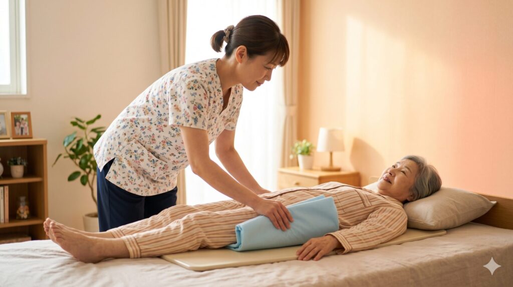 在宅介護の寝室で、ベッドに横になる高齢女性（70代・日本人）の腰から背中の下に、女性介護者（40代・日本人）が水色のスライディングシートを優しく差し込んでいる様子。自然光が入る、明るく清潔で温かみのある室内で、二人は穏やかな表情をしている。16:9の横長写真。