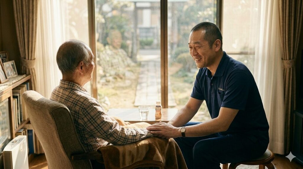 訪問リハビリで理学療法士が高齢者とその家族に、食事と栄養がリハビリに不可欠であることを優しく説明する様子。