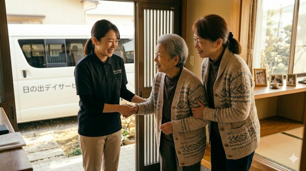 玄関先で、デイサービスの職員に笑顔で見送られる母を、娘が温かくサポートする様子