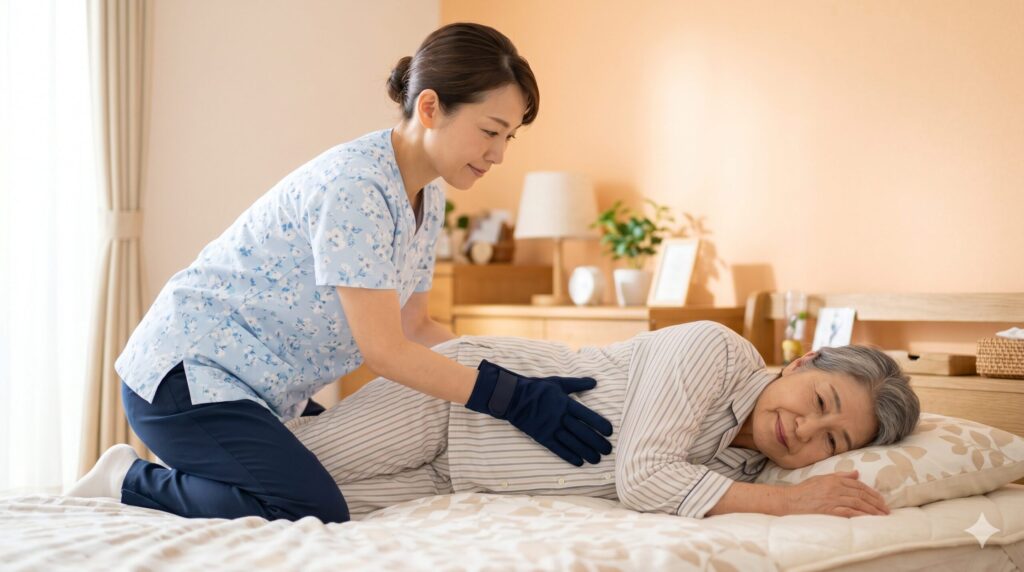 スライディンググローブをはめた手で介護ベッド上の背抜きを行っている様子。