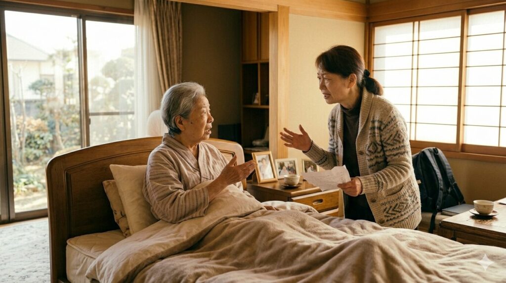 和室のベッドに横たわる高齢の女性患者と、傍らに立って少し強い口調で話しかける娘の様子。
