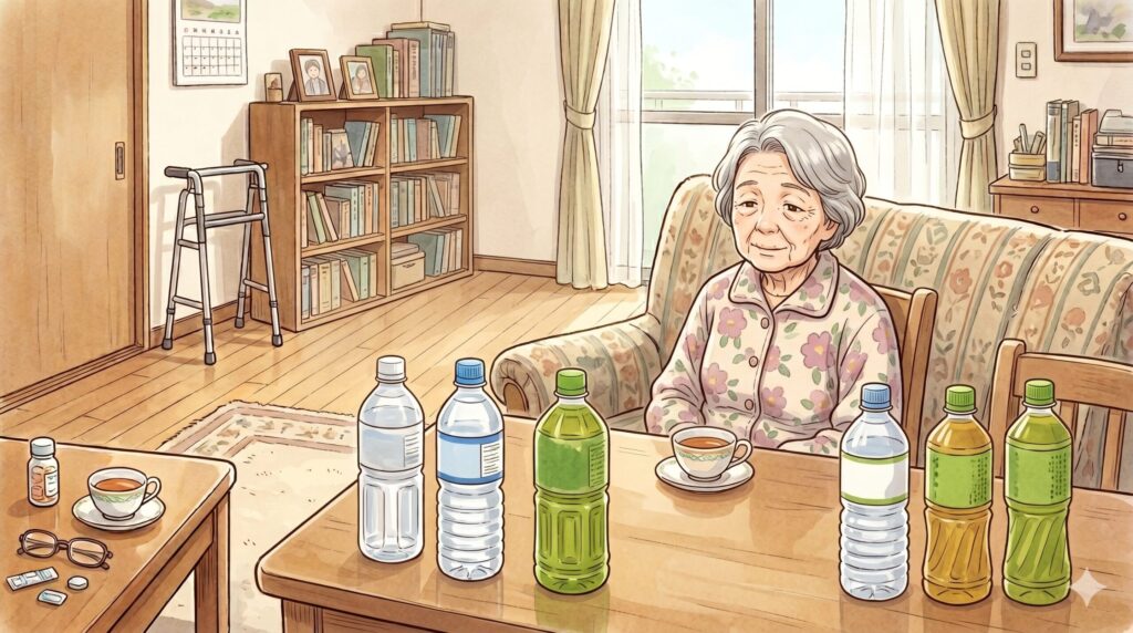 高齢者の部屋の目につく場所に500mlのペットボトルが数本置かれているイラスト