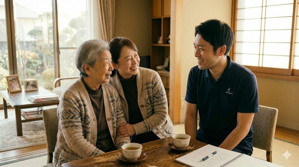 リビングの机を囲み、理学療法士、母、娘の3人が笑顔で穏やかに語らう、在宅生活のひととき。