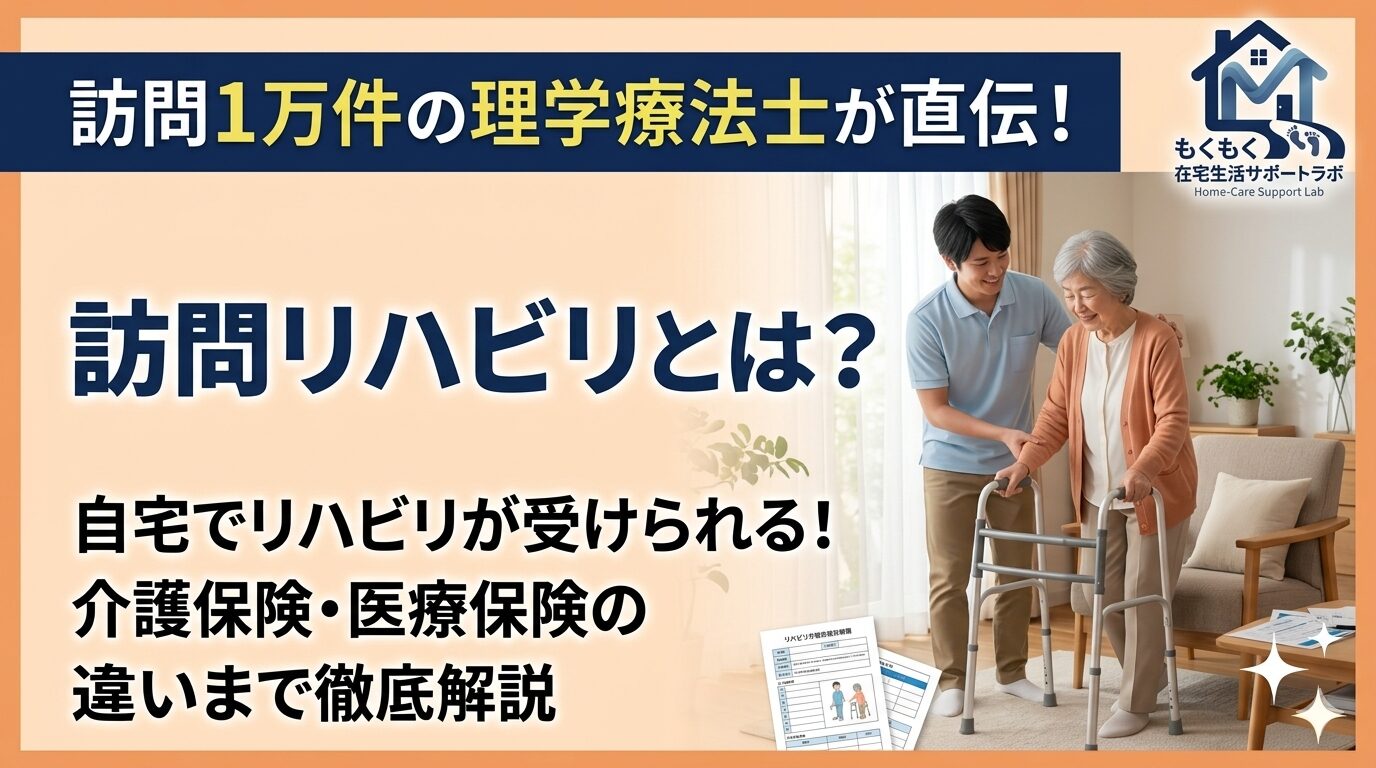 「訪問リハビリとは？」というタイトルが入ったブログ用アイキャッチ画像。温かみのあるベージュの背景に、理学療法士が自宅で高齢女性の歩行訓練を優しくサポートしている実写風の場面。上部には「訪問1万件の理学療法士が直伝！」というネイビーの帯と、右上に「もくもく在宅生活サポートラボ」のロゴが配置されている。