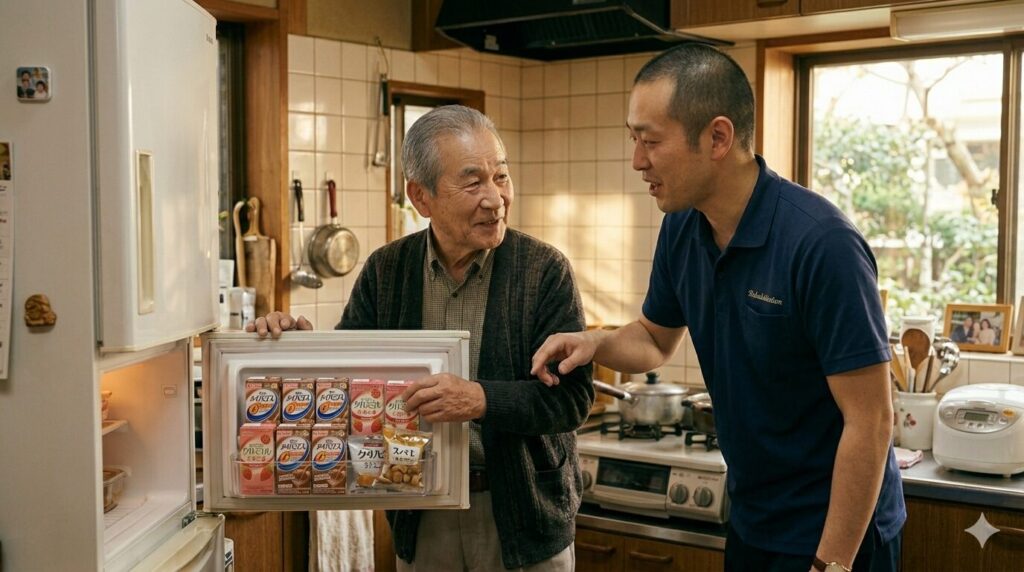 リハビリの一環で台所を訪問し冷蔵庫を確認する理学療法士と高齢者の様子