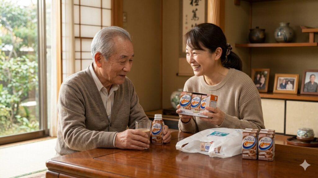 リハビリの目標を達成し娘とメイバランスを購入した男性が笑顔で話す様子