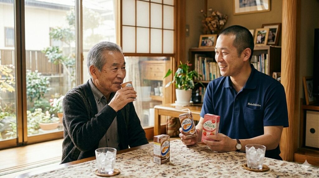 在宅介護で理学療法士が高齢男性に栄養補助食品を提案し、一緒に試飲する様子