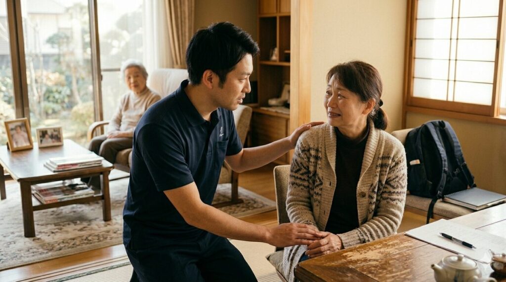 訪問リハビリの男性理学療法士が、涙を浮かべる介護者の女性に寄り添い、優しく言葉をかける様子