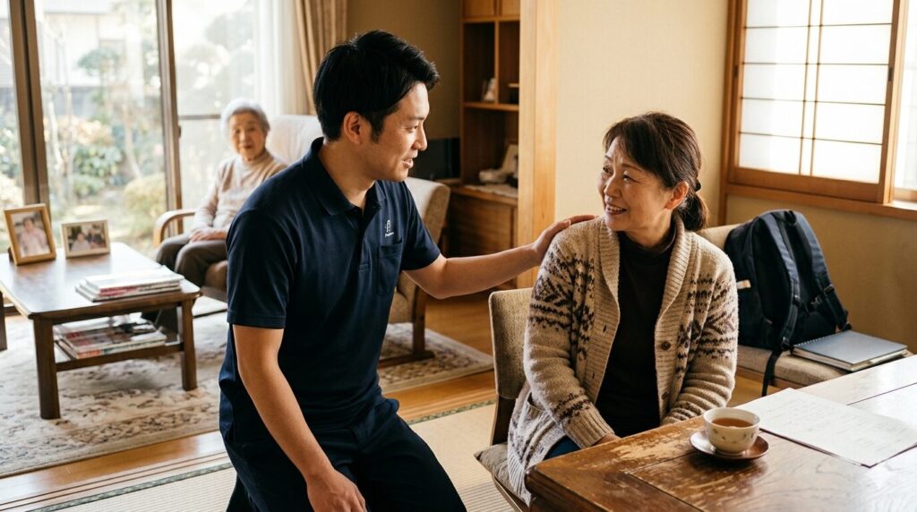 ご自宅で訪問リハビリの理学療法士が、介護疲れに寄り添い穏やかに話を聞く様子。