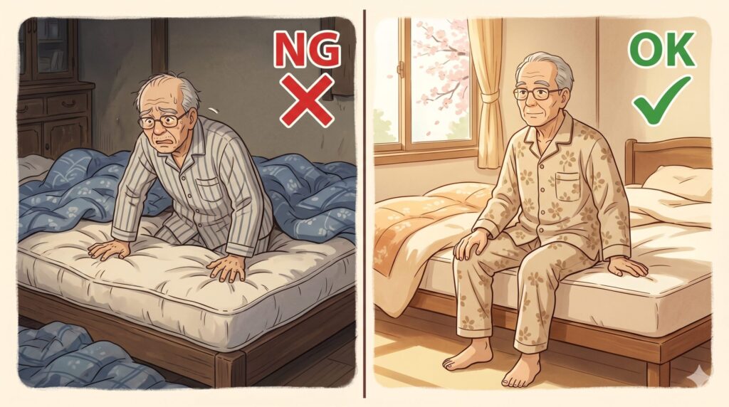 左側に柔らかい布団で立ち上がりにくい高齢者と赤い×マーク、右側に硬いマットレスで安定して座る高齢者と緑の✔マークを描いた、日本のアニメ調イラスト。