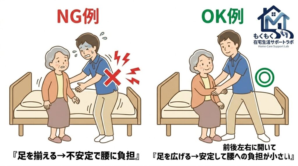 介助時の足の開き方比較。左のNG例では足を揃えて介助者がふらついている。右のOK例では足を前後左右に広げて安定した姿勢で介助している。