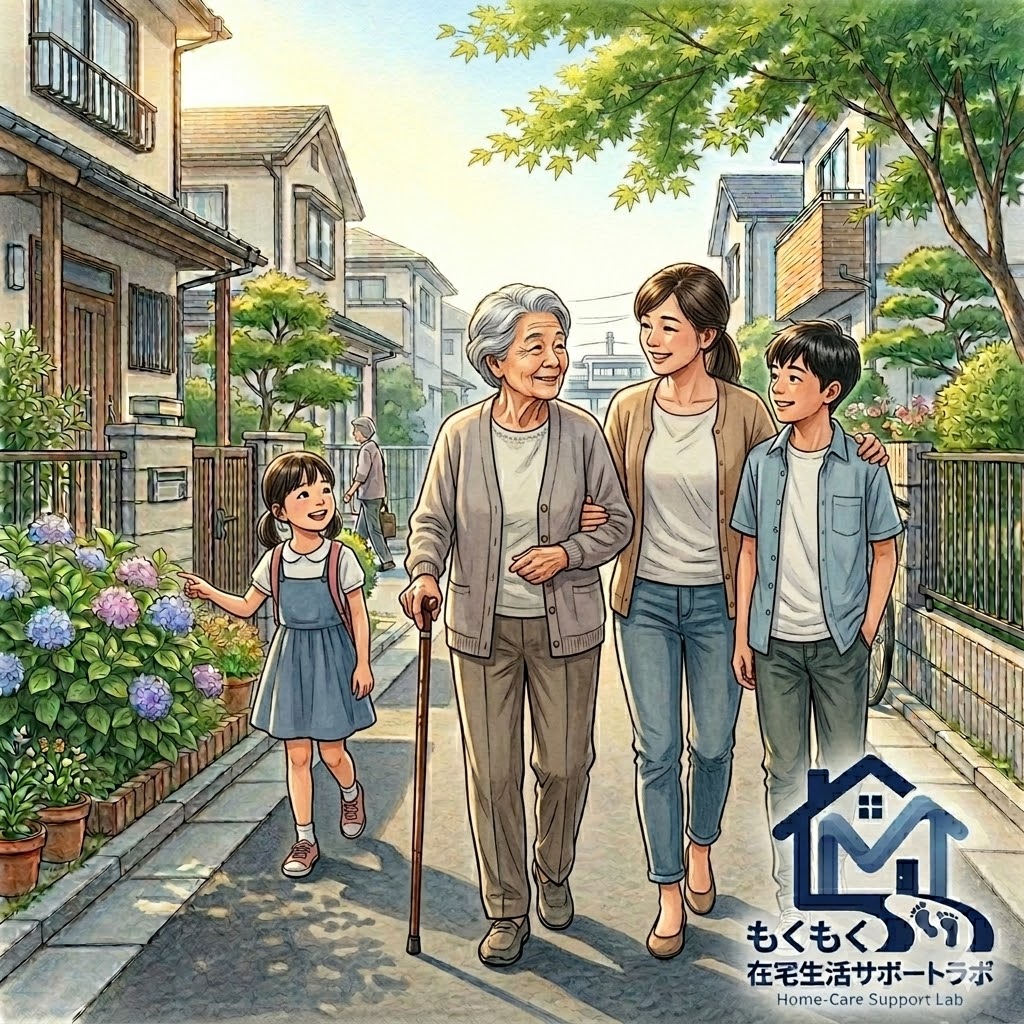 杖を使って安全に散歩する高齢者のイメージ