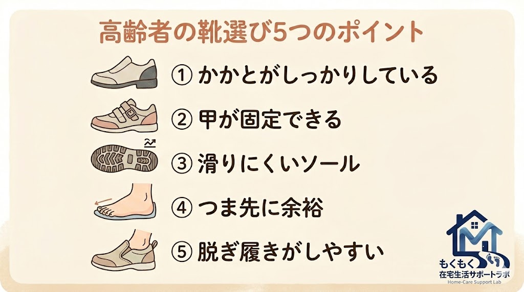 高齢者の靴選び5つのポイントを解説する画像