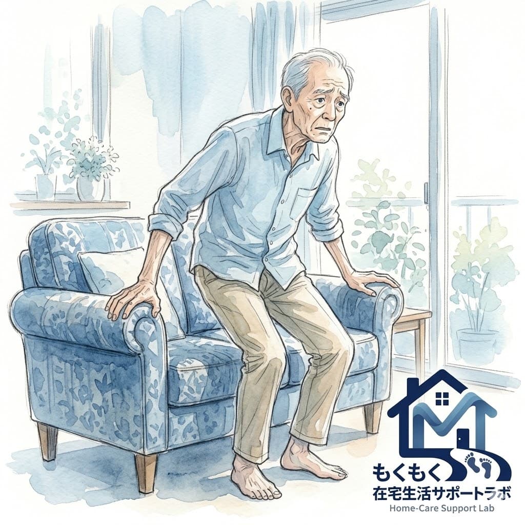ソファから立ち上がりにくい高齢男性のイラスト|低栄養による筋力低下のイメージ